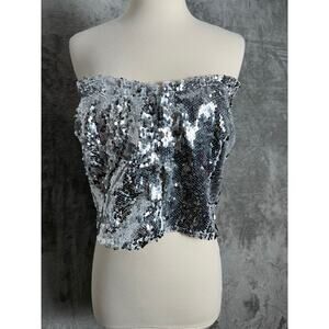 PrettyLittleThing Silver Sequin Corset Top Strapless Hook & Eye Bustier 22 New